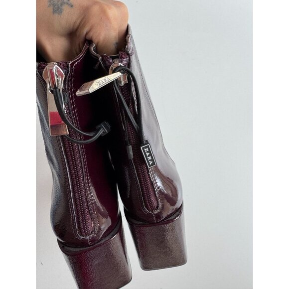 NWOT ZARA Dark Burgundy Patent Faux Leather Block Heel Ankle Boots, Size 40 - Picture 9 of 14